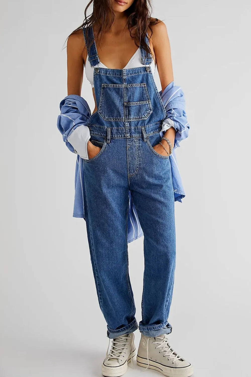 Long square neck wide strap denim overalls front view