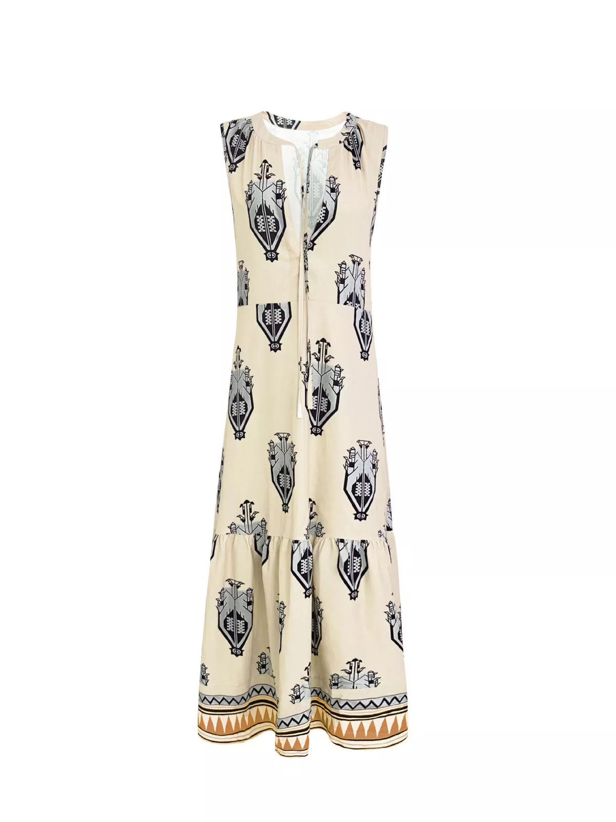 Printed sleeveless tiered maxi dress, bodice and neckline detail