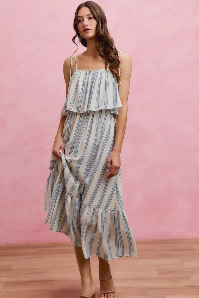 White and blue striped tiered midi dress with shoulder ties front view