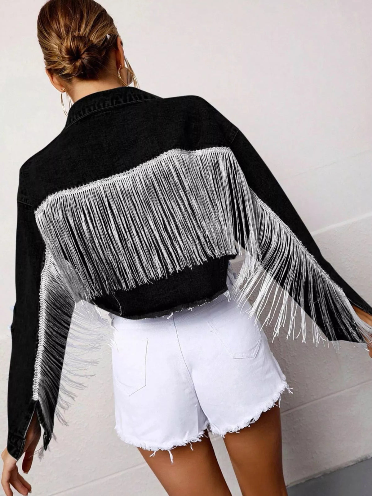 Fringe Cropped Denim Jacket in Black