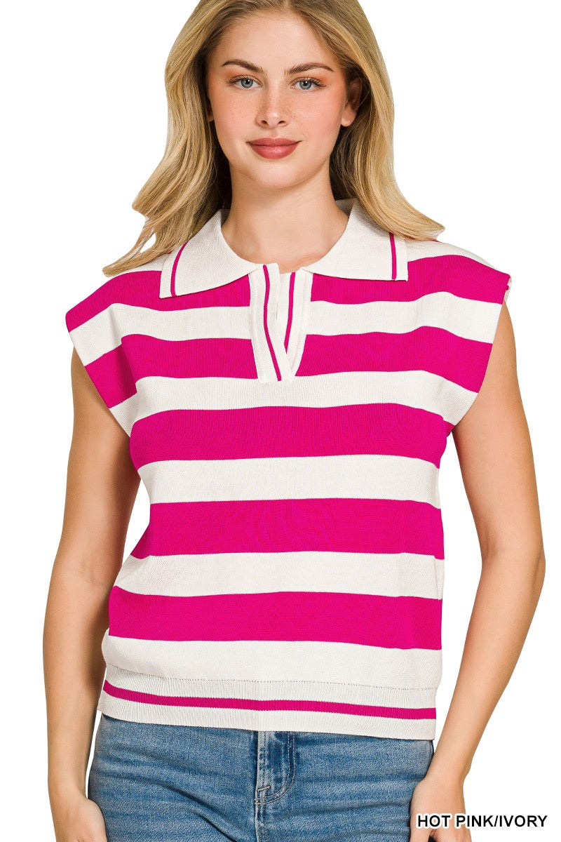 Hot pink stripe collared sweater vest front view