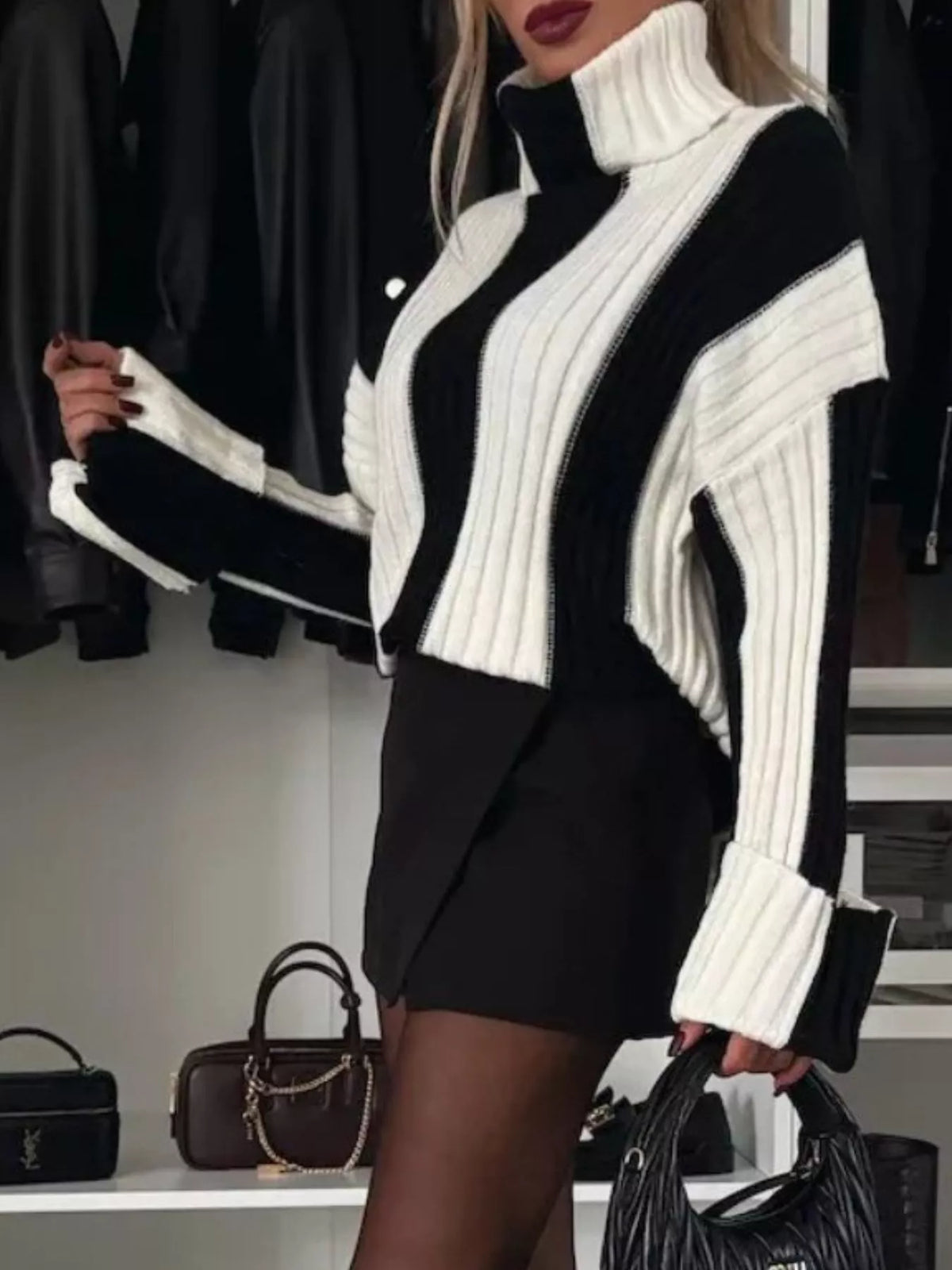 color block ribbed turtleneck sweater back view