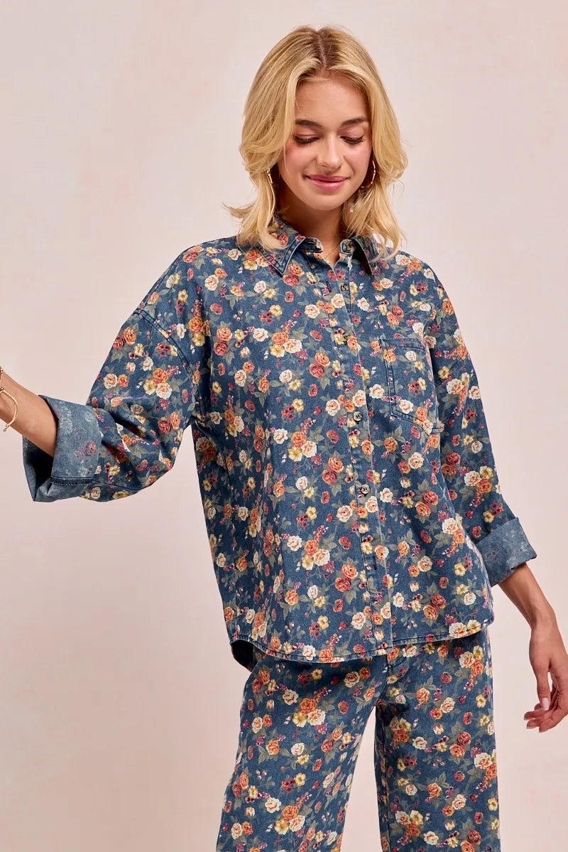 BiBi Washed Floral Print Denim Jacket - Fashorio