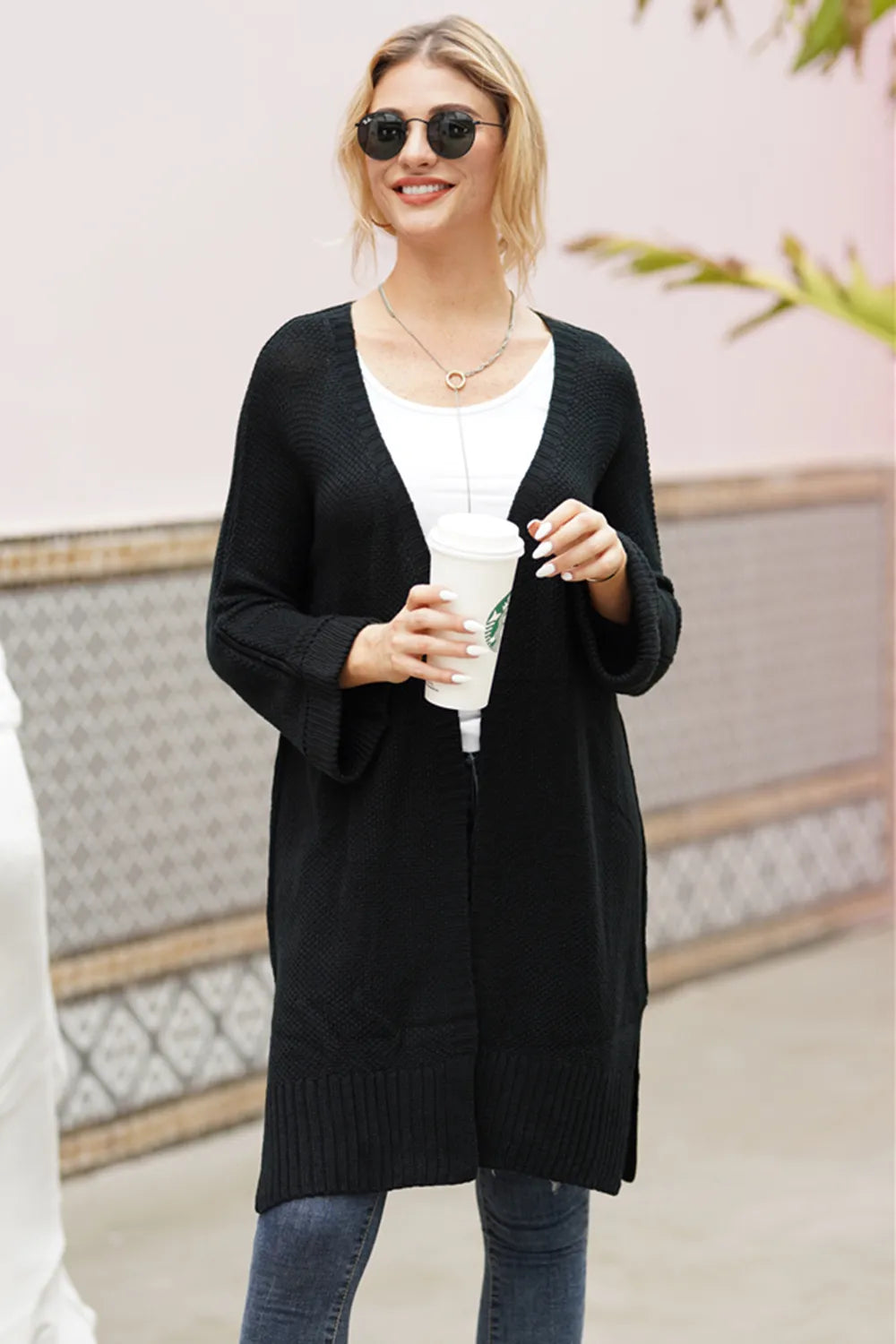 Open Front Long Sleeve Cardigan Black - Fashorio