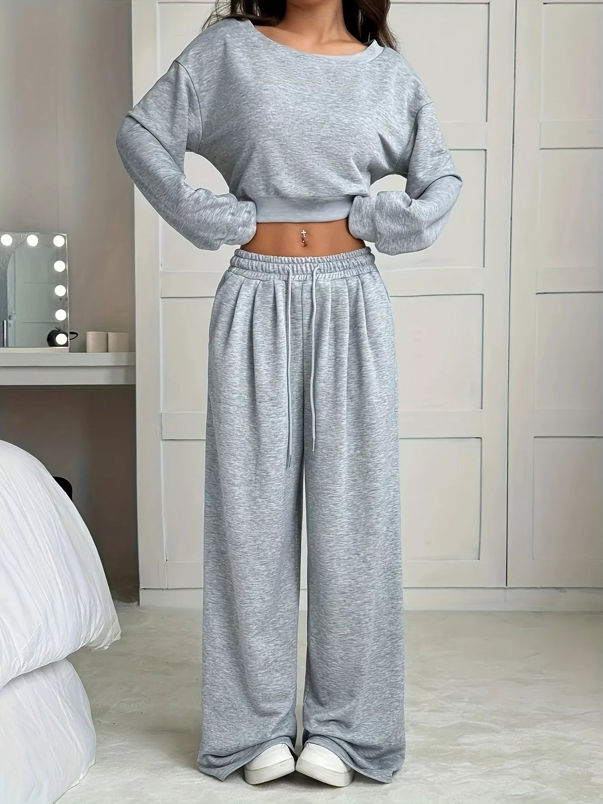 Boat Neck Crop Top and Wide Leg Pants Set Plus Size, view 5