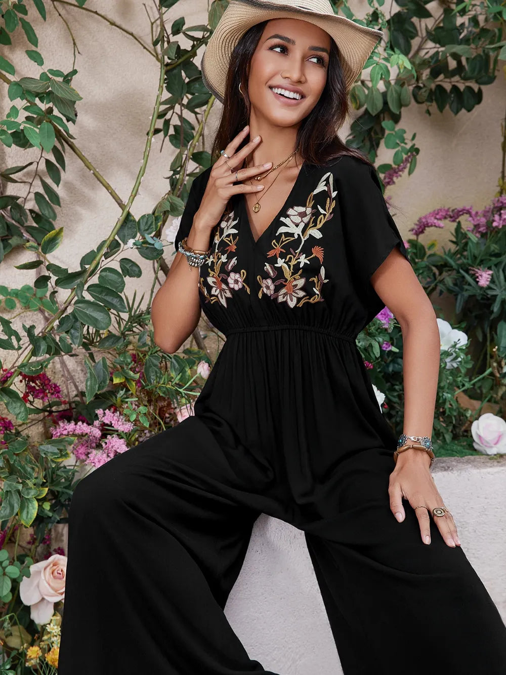 Black viscose jumpsuit full length view