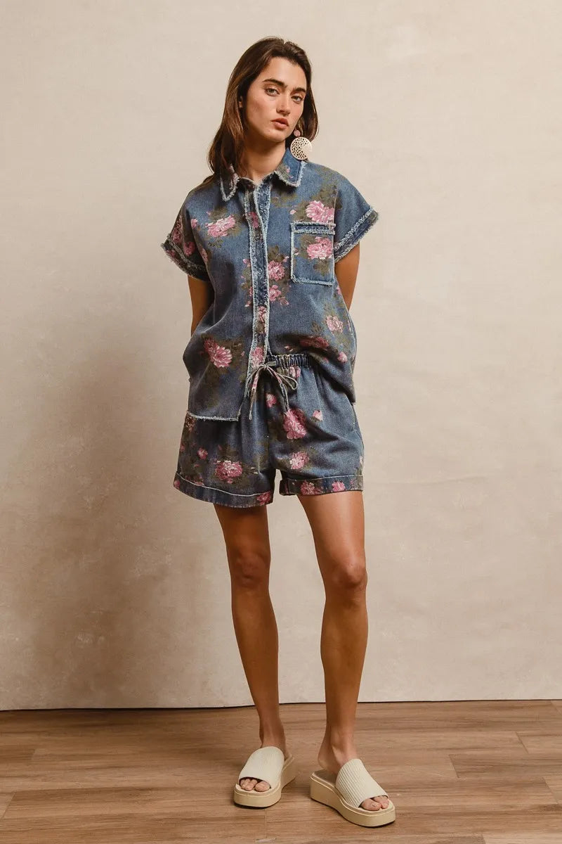 BiBi Floral Printed Denim Short Pants With Pocket - Fashorio