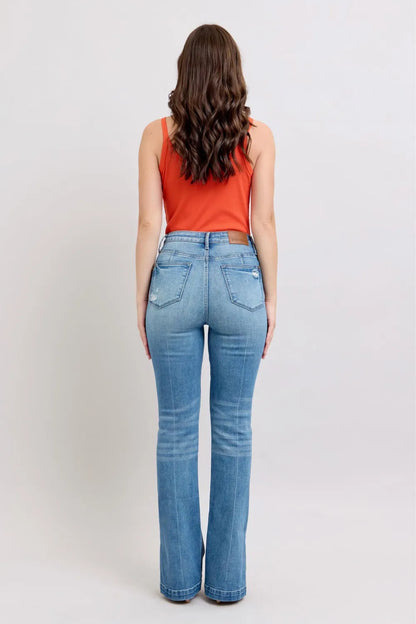 Judy Blue HW Tummy Control Vintage Wash Side Slit Slim Boot Jeans - Fashorio