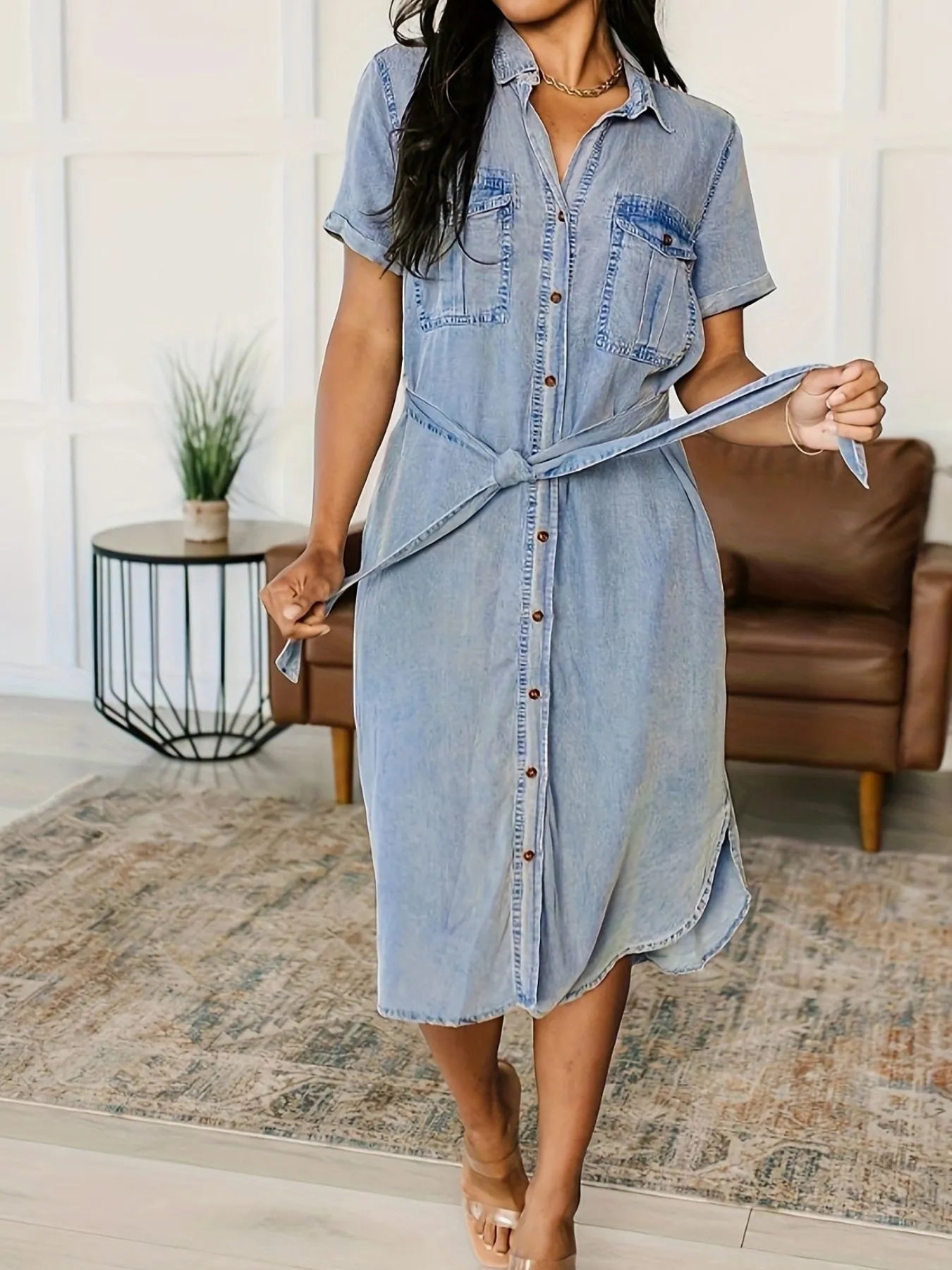 Button Front Short Sleeve Denim Dress - Fashorio