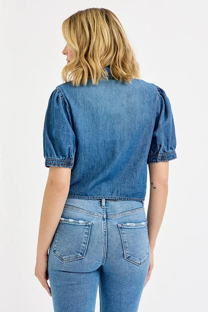 RISEN Button Down Puff Sleeve Crop Denim Shirt - Fashorio
