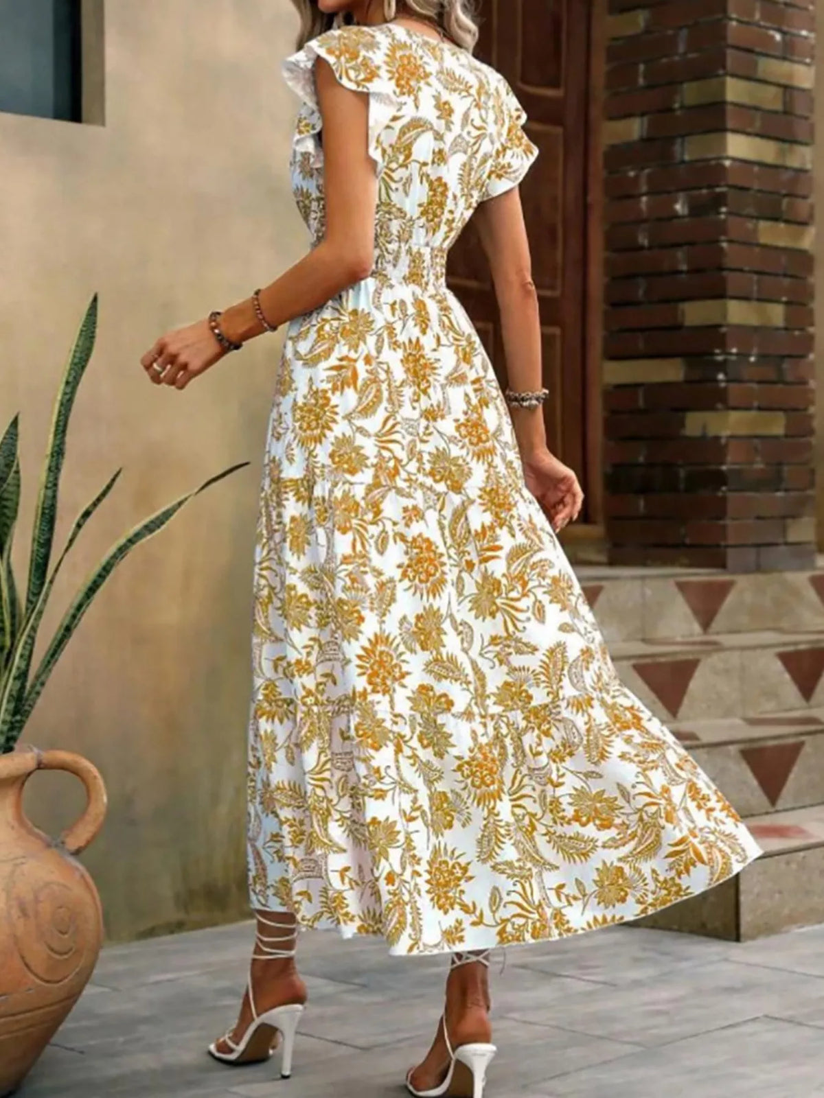 Floral print ruffle sleeve tiered midi dress back view