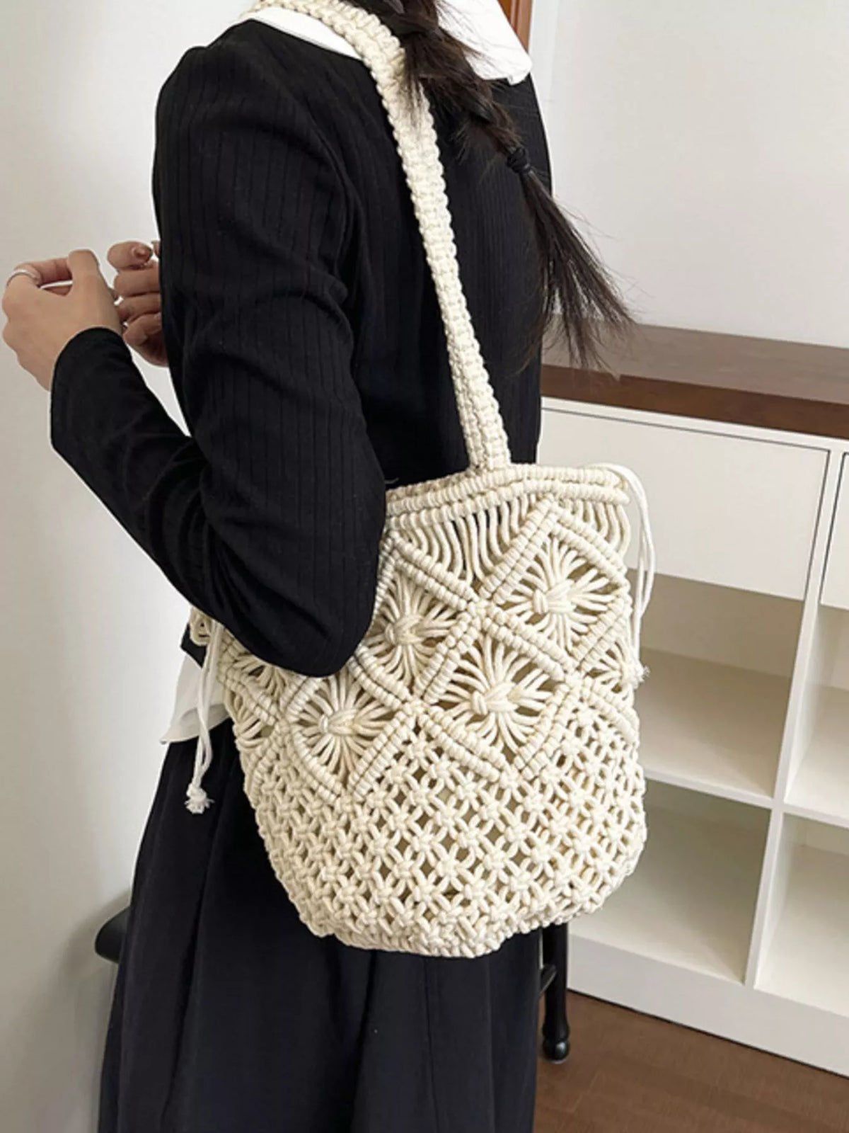 Crochet bucket shoulder purse styled with outfit