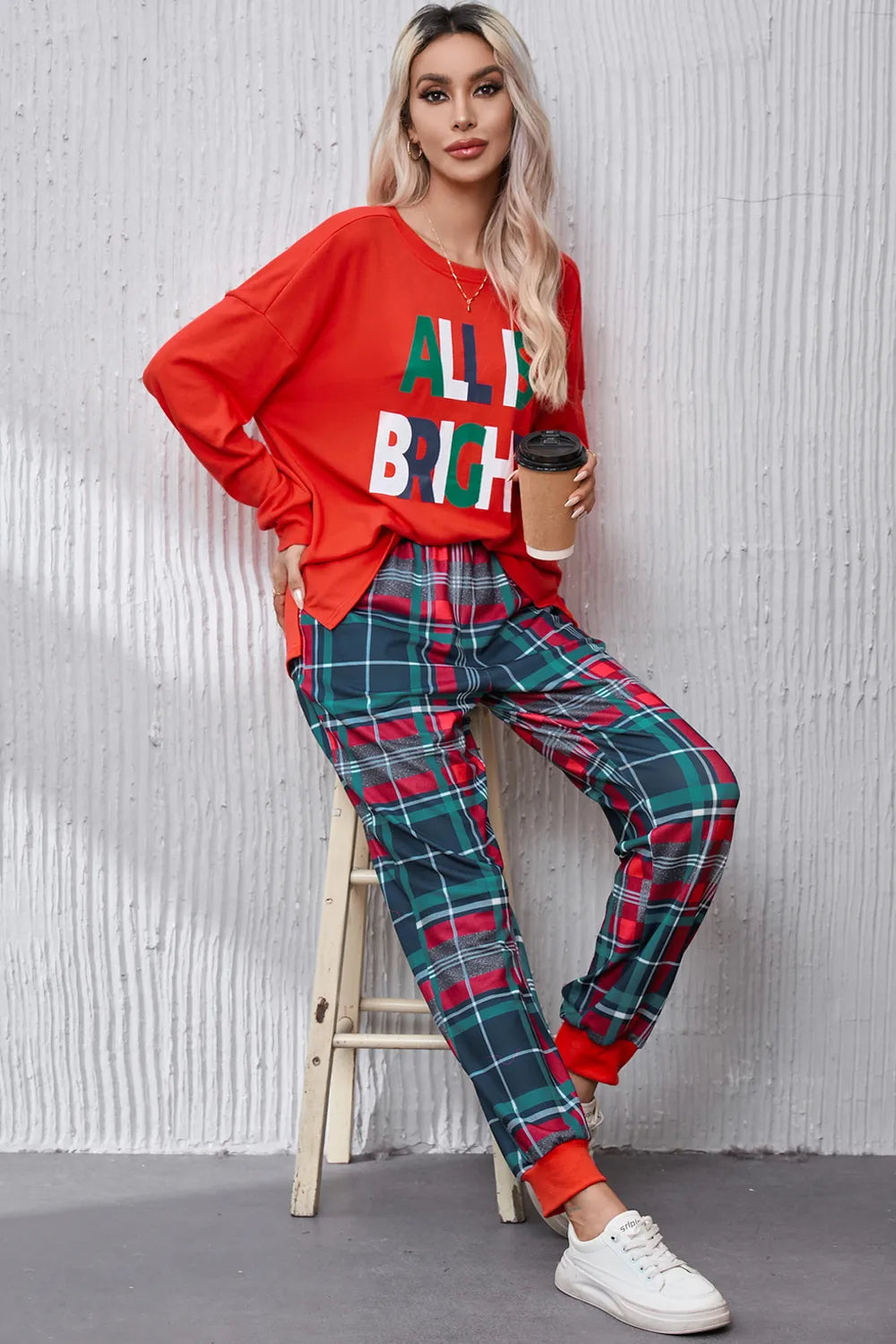 ALL IS BRIGHT Round Neck Top and Plaid Pants Lounge Set - Fashorio