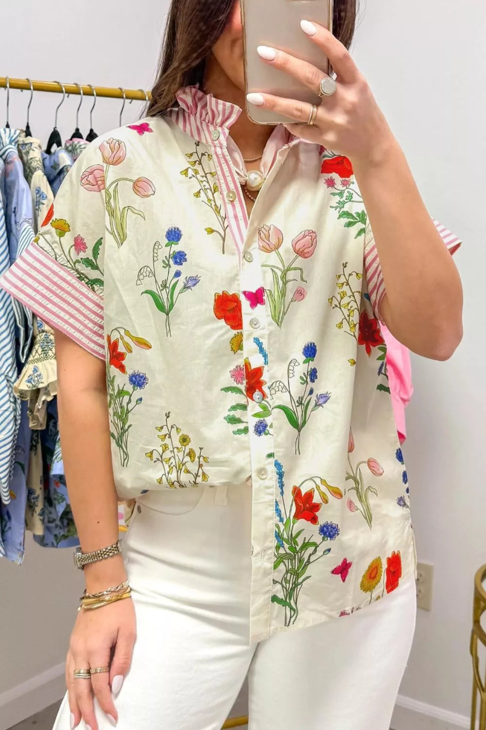 Beige floral stripe patchwork ruffle collar shirt styled view