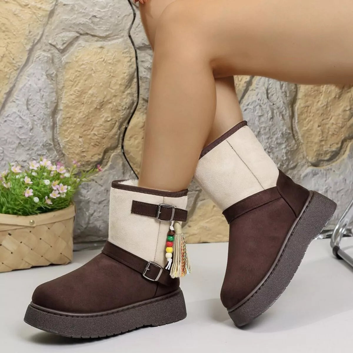 Bohemian Style Ankle Boots with Tassel Decor paired look