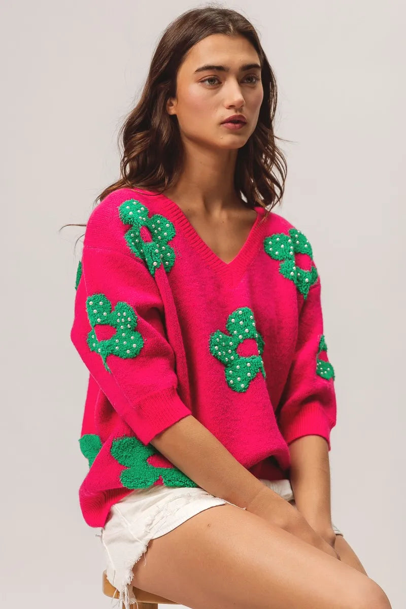 BiBi Pearl Beads Flowers Sweater Top - Fashorio