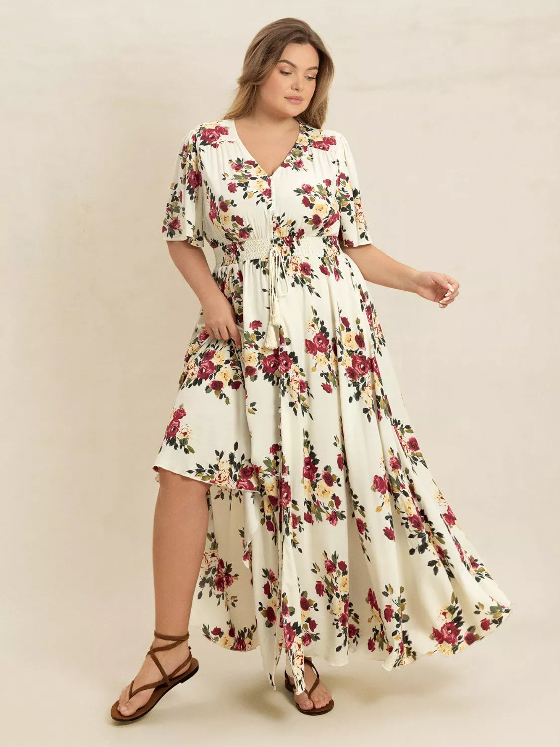 Pastel yellow floral flutter sleeve button front maxi dress close up of the neckline