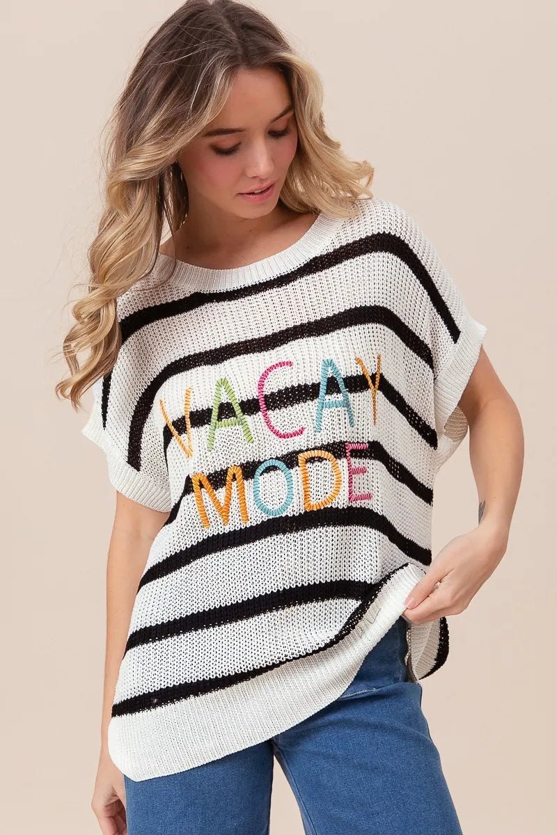BiBi Vacay Mode Lettering Drop Shoulder Striped Sweater - Fashorio