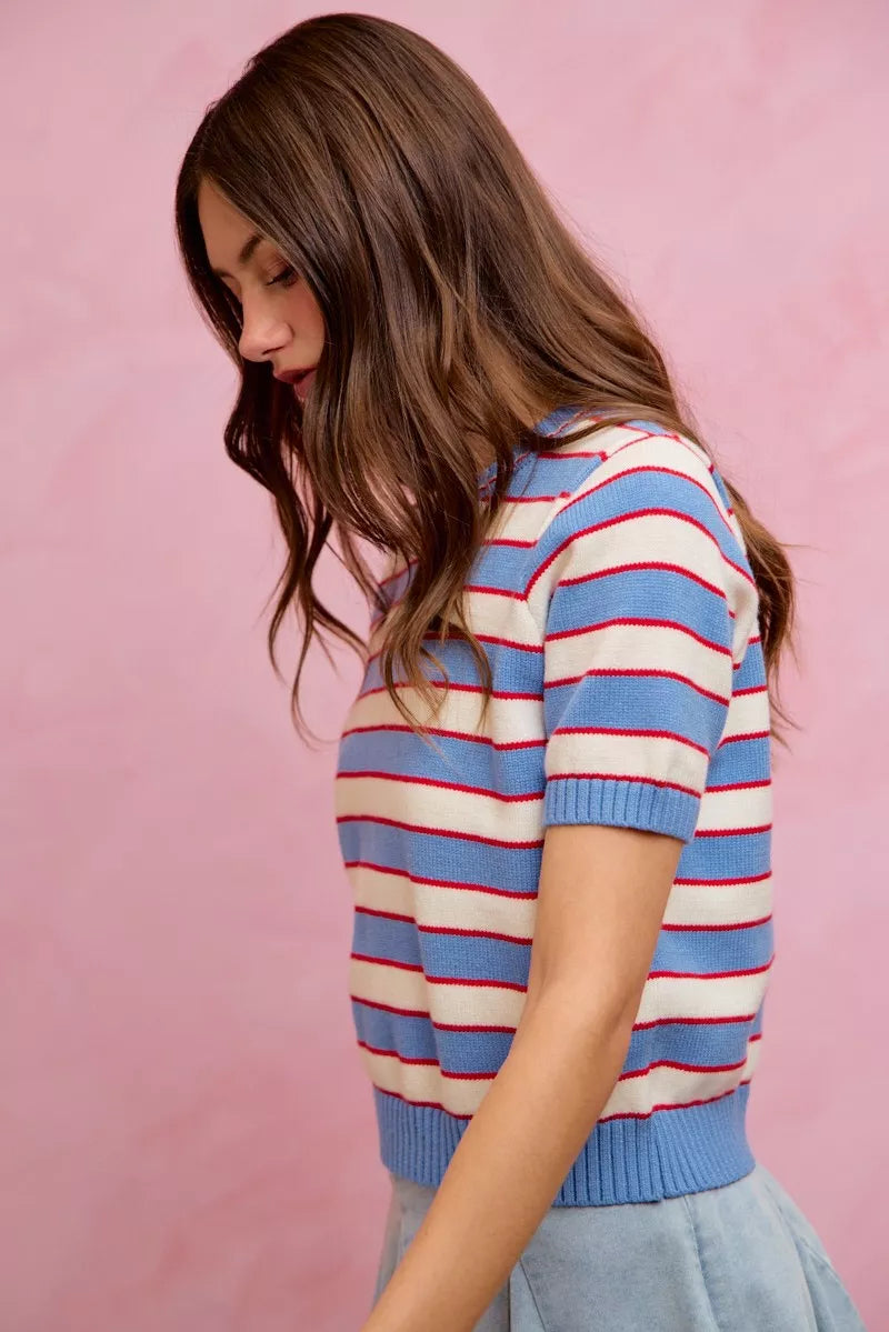 Blue and red striped knit sweater top look