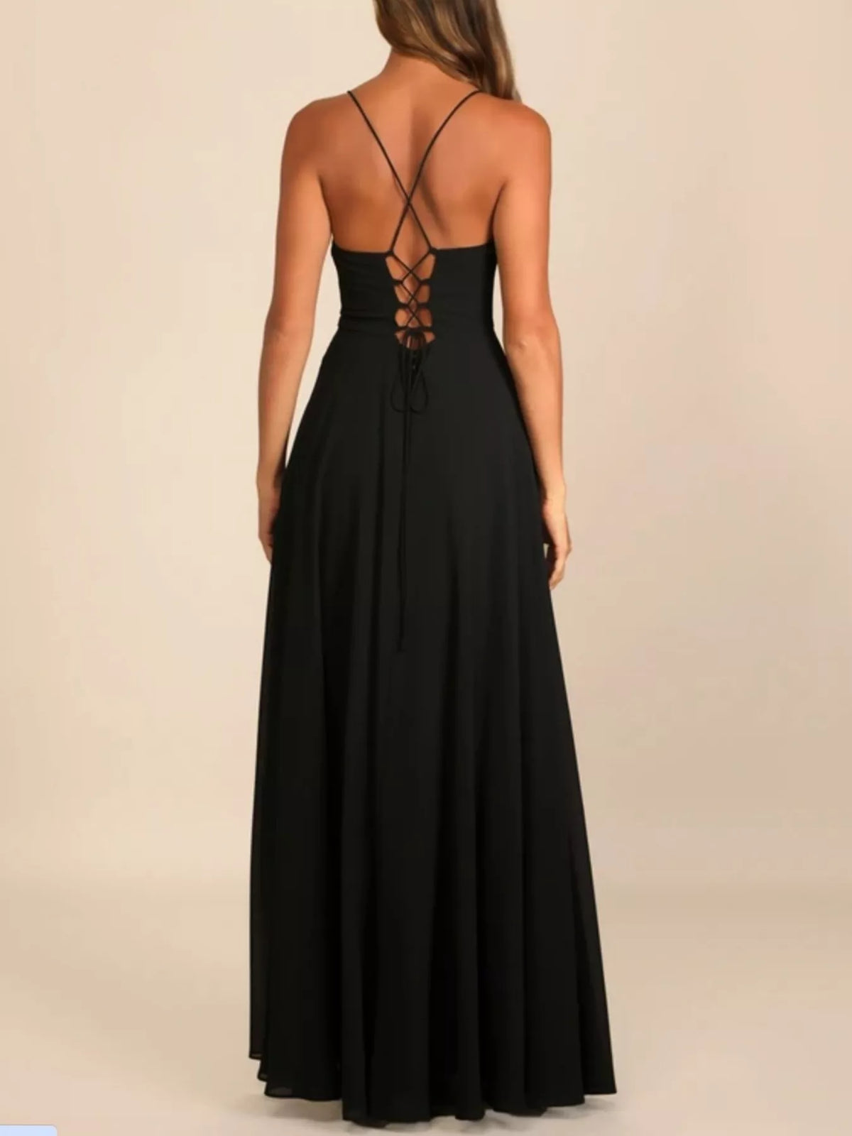 Full length styling view of the slit cowl neck maxi dress