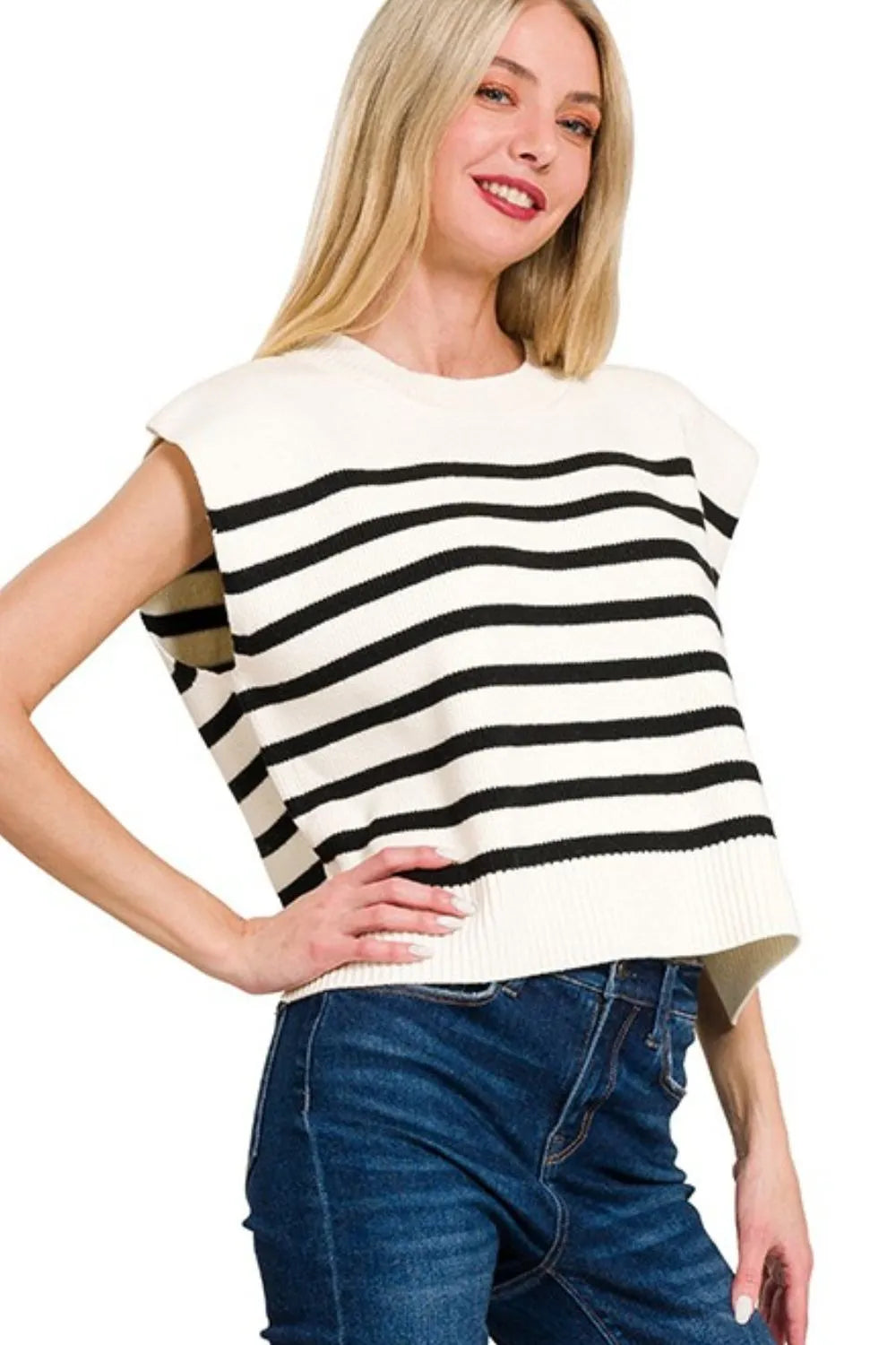 Oversized Striped Crew Neck Sweater Vest in Black back view