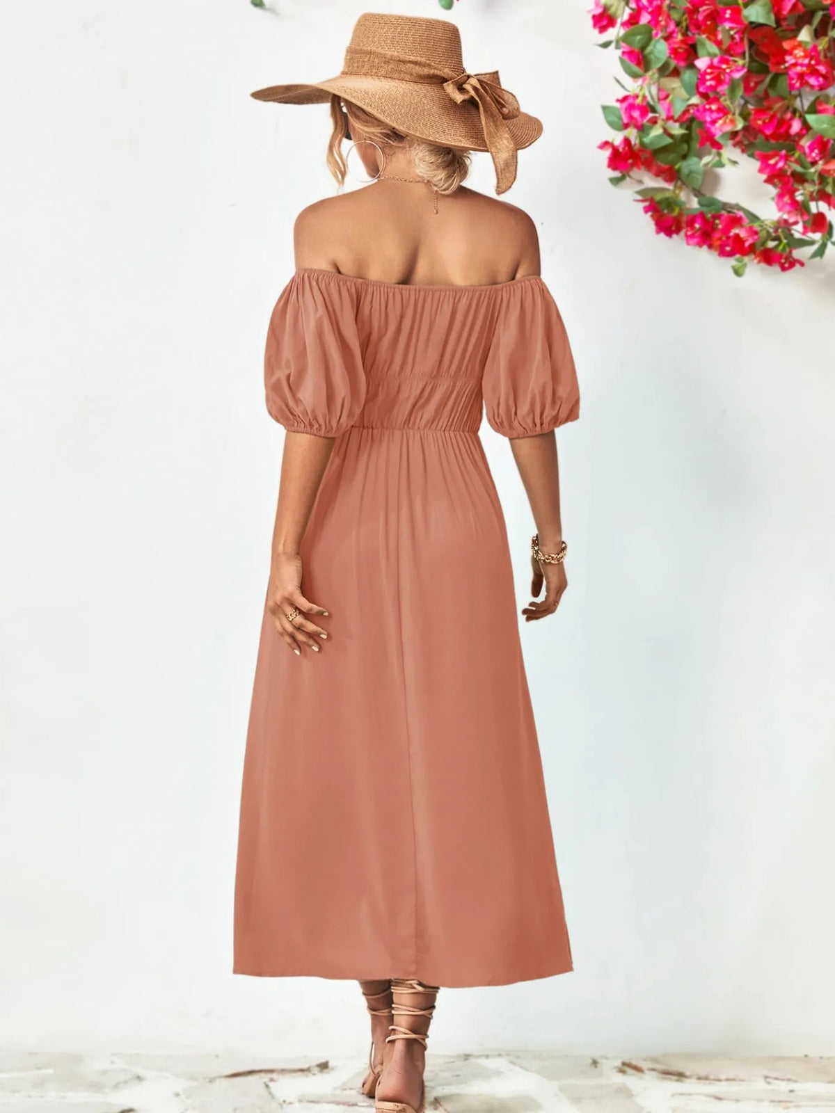 Off shoulder puff sleeve smocked maxi dress, waist and fit detail