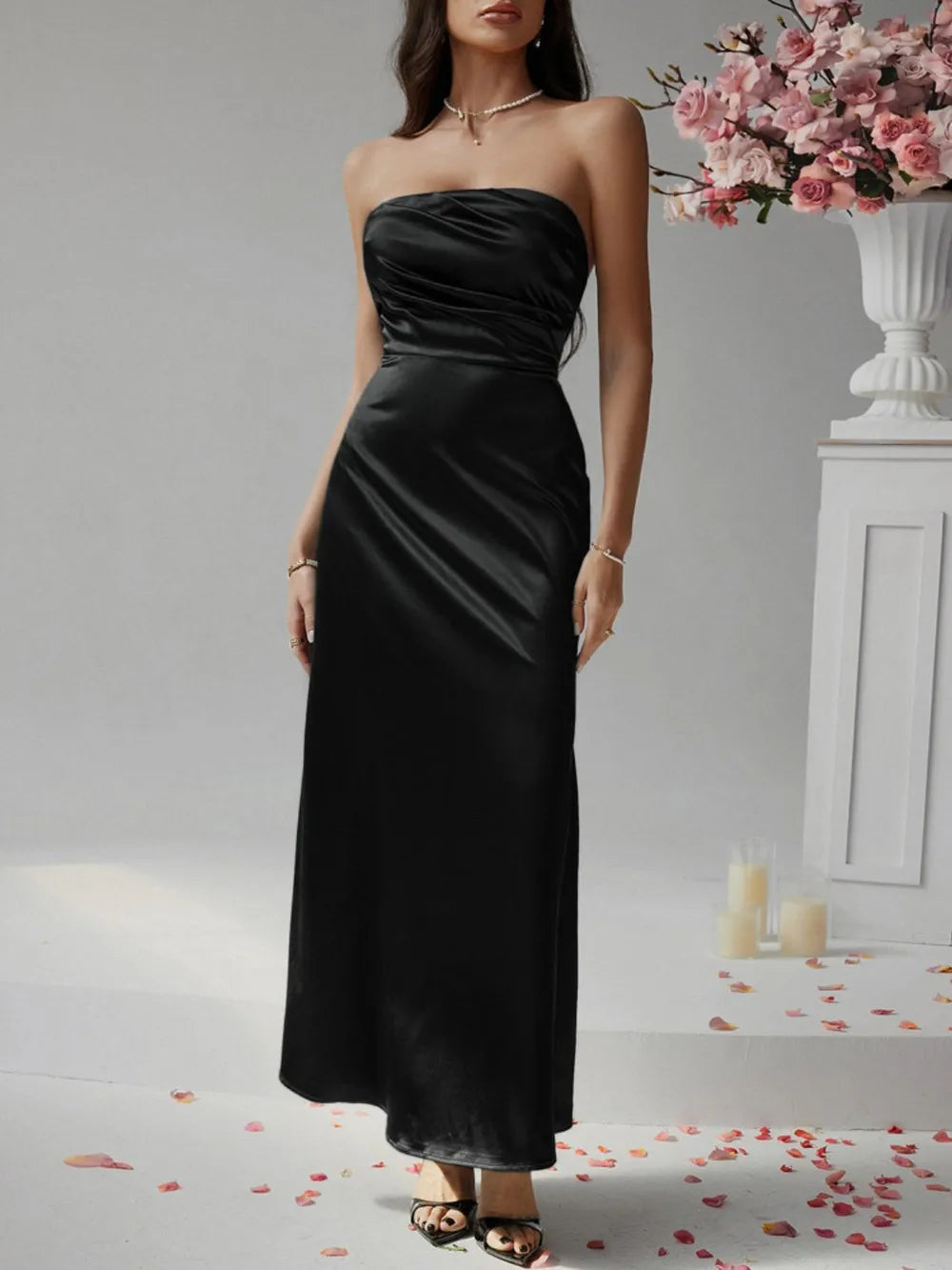Ruched strapless tube maxi dress, waist detail