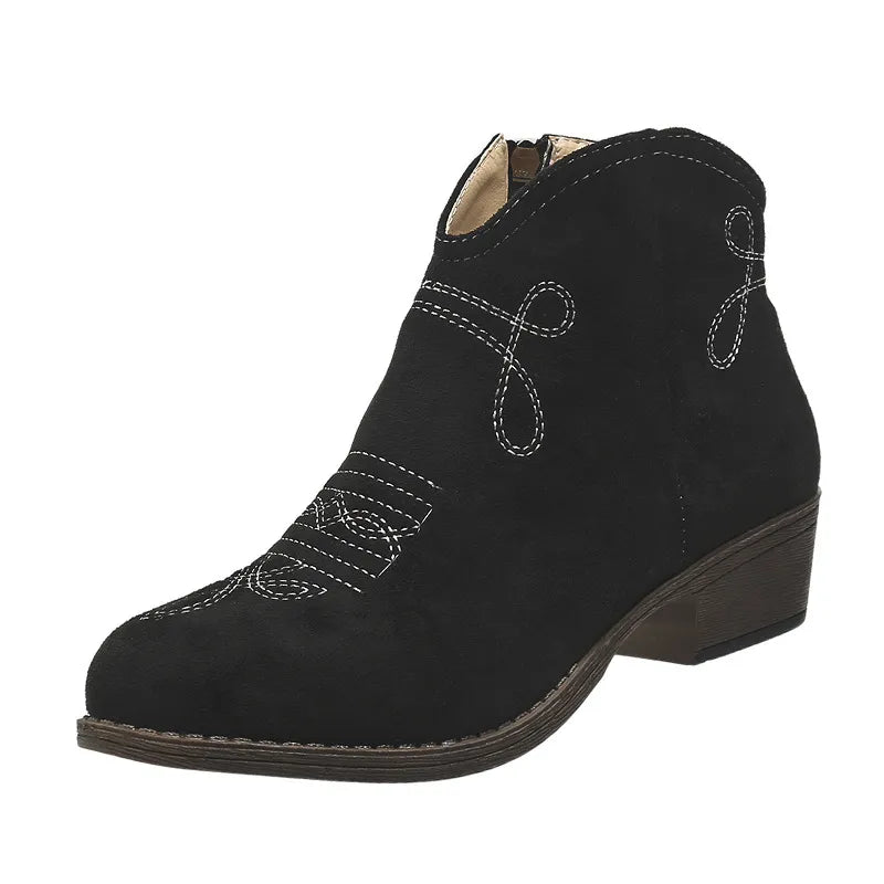 Block heel ankle boots styled with denim