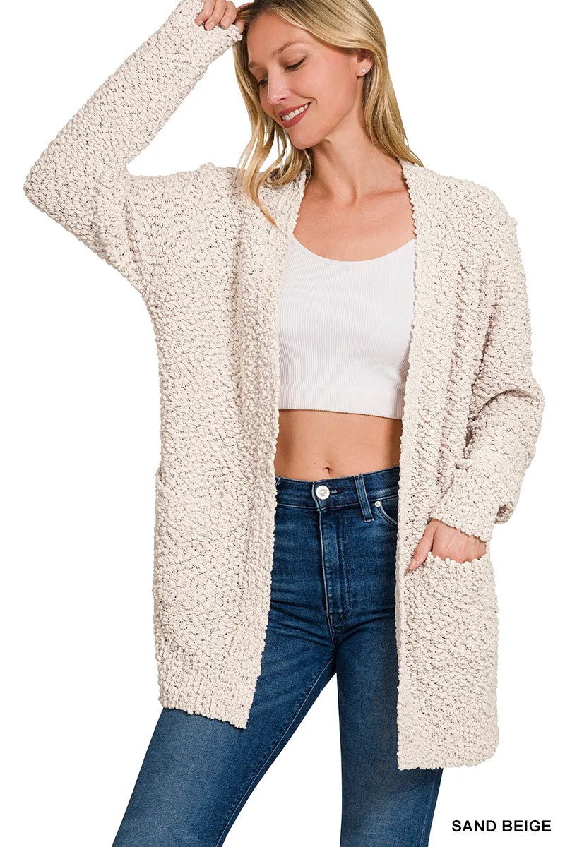 Zenana Long Sleeve Popcorn Sweater Cardigan with Pockets SAND BEIGE - Fashorio
