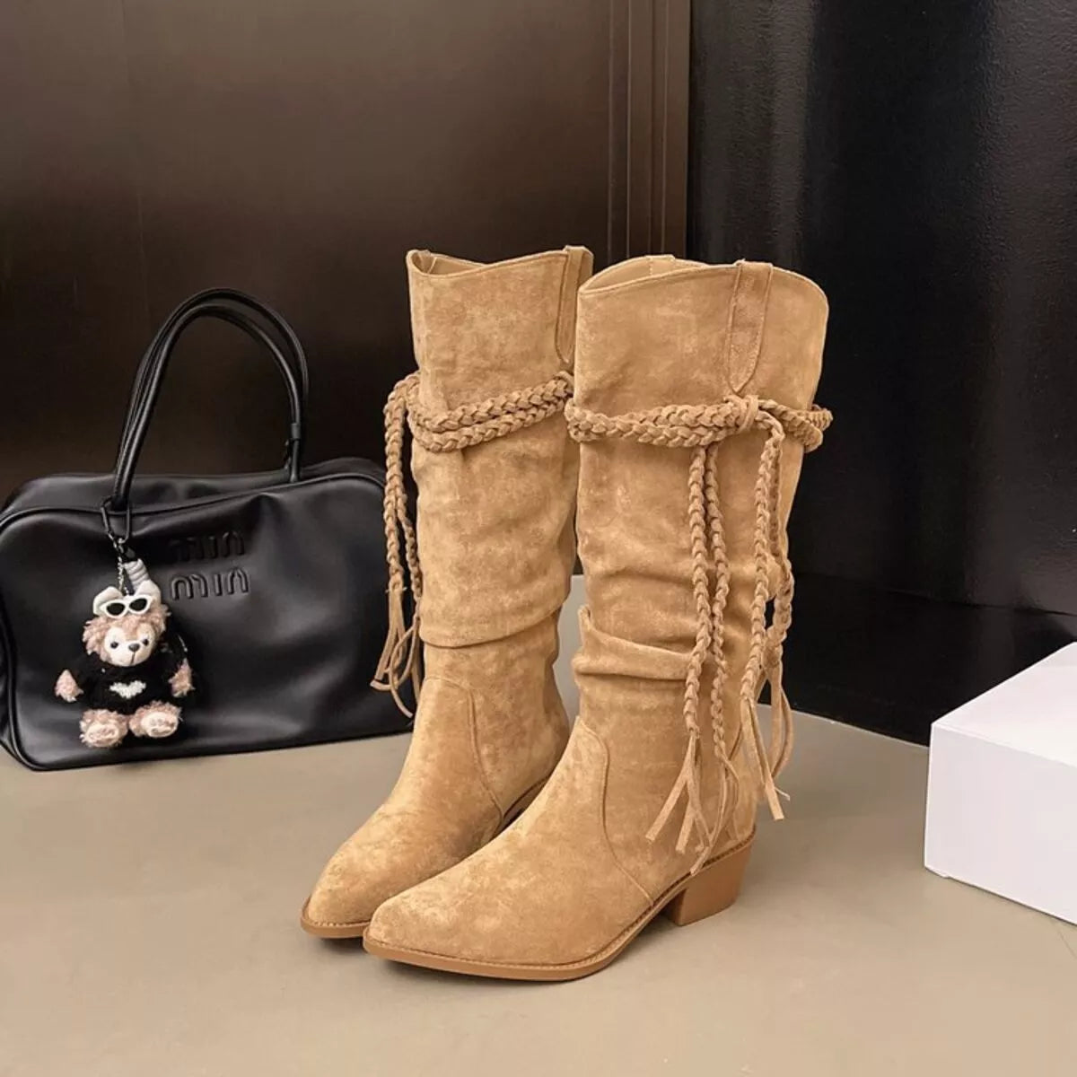 point toe block heel boots back view