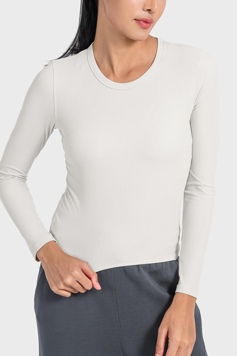 Millennia Round Neck Long Sleeve Sports Top White - Fashorio
