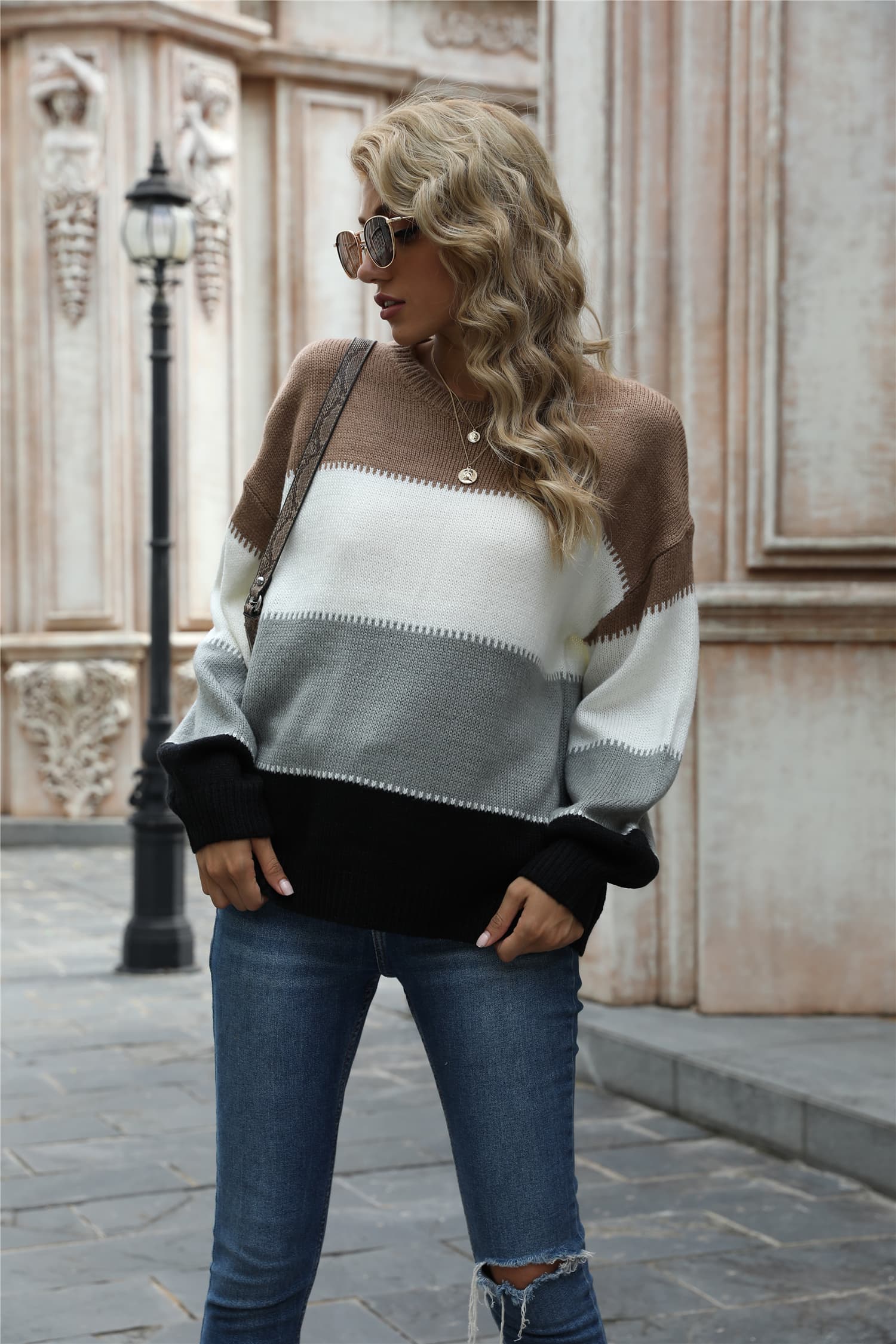 Angel Wings Color Block Round Neck Sweater - Fashorio
