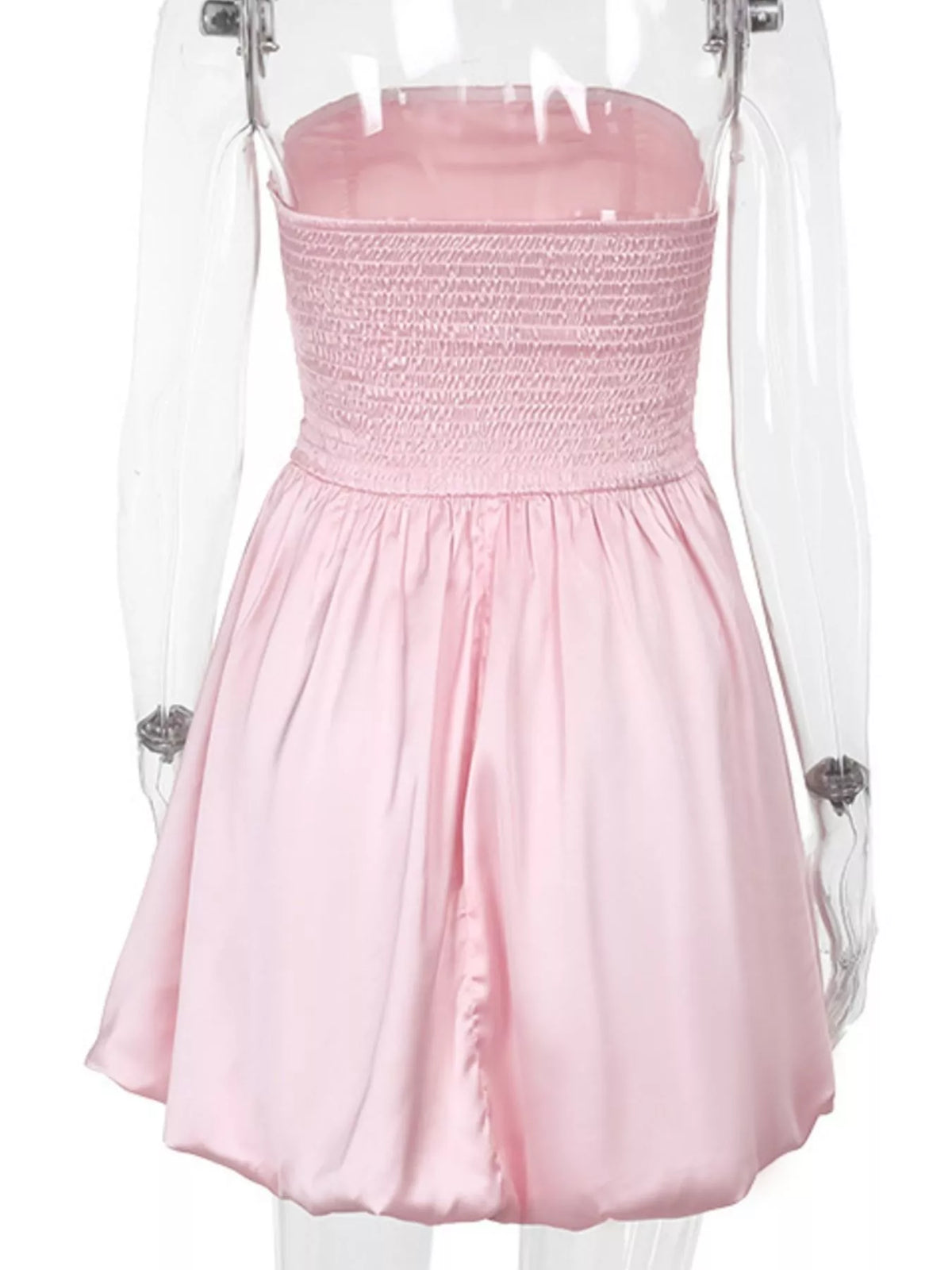 Strapless ruched mini dress back view