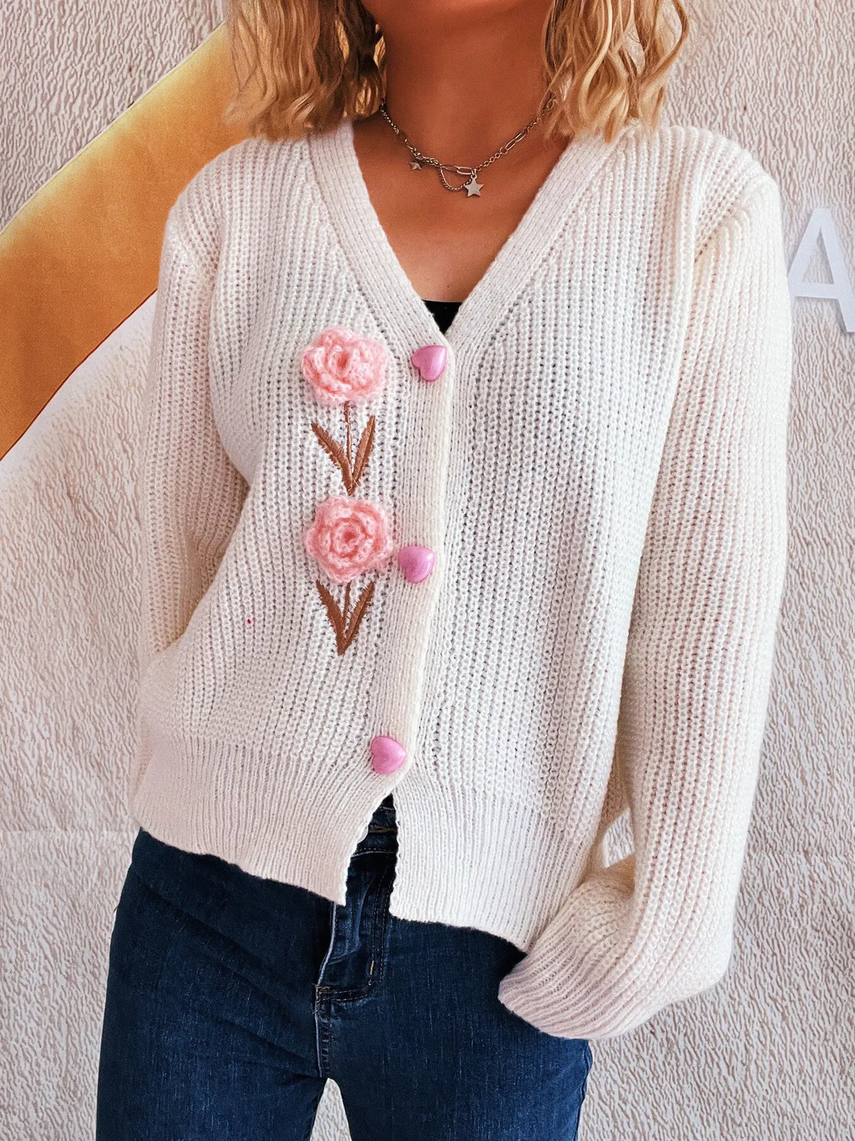 Flower V neck button up cardigan, open styled view