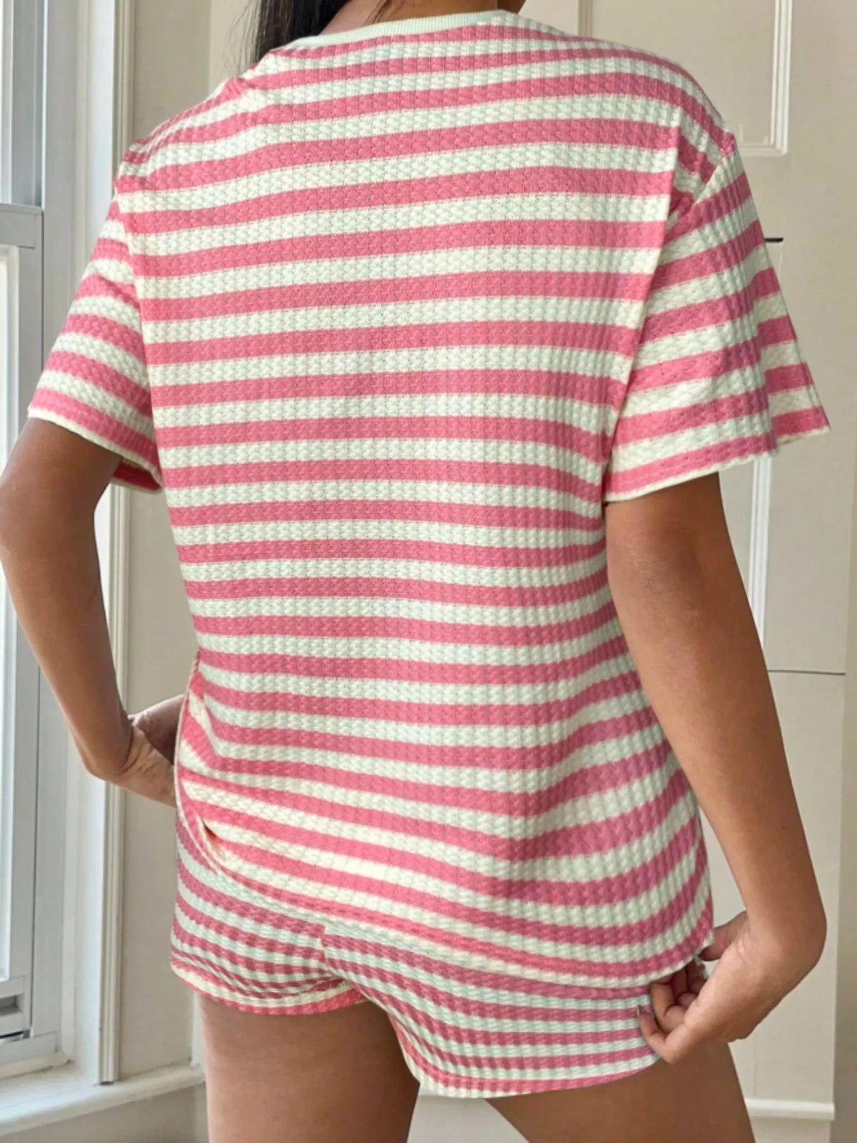 Striped round neck two piece set another shade