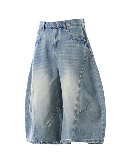 Men's Washed Wide Leg Denim Shorts Light Blue - Fashorio