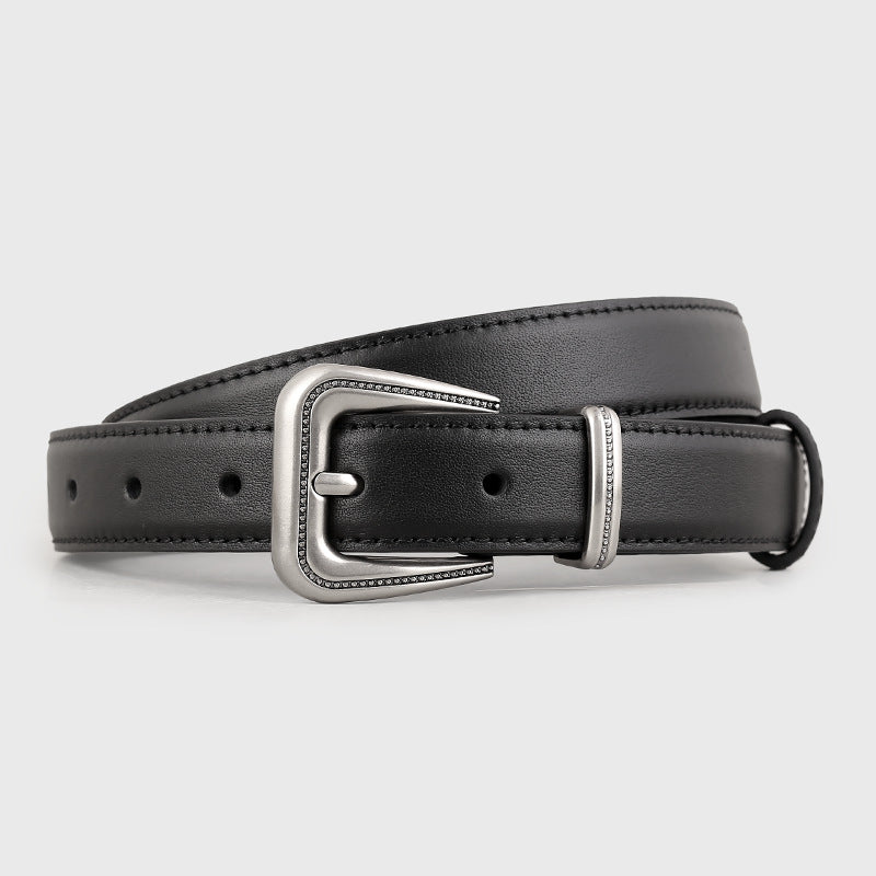 Leather belt with silver buckle front view