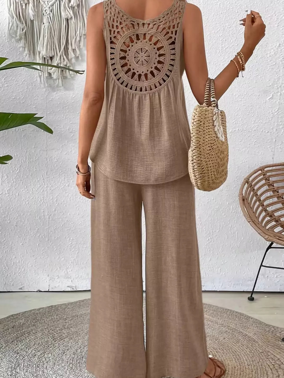 Coordinated tank and pants outfit angle