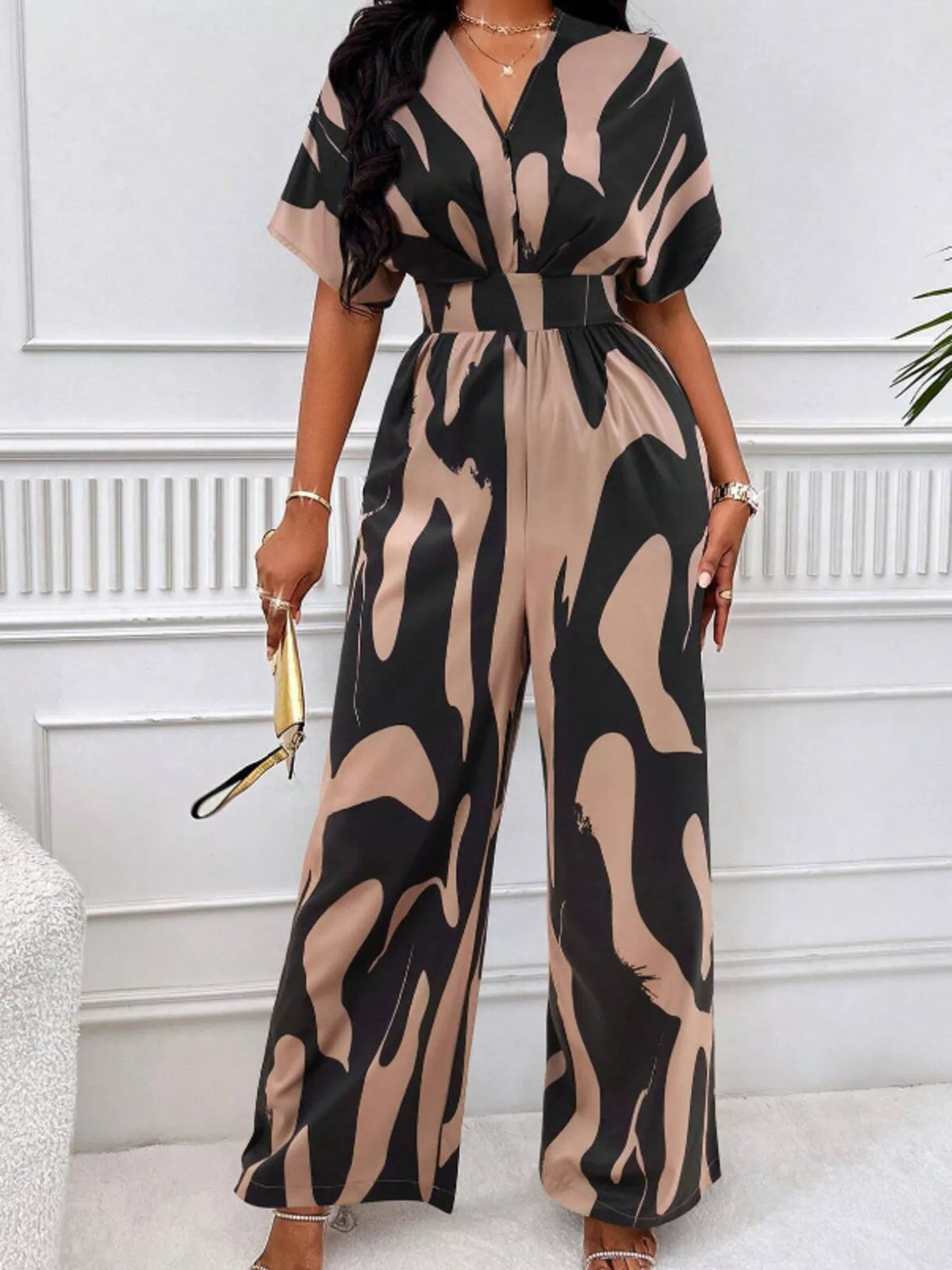 Abstract print wide leg jumpsuit with ruched bodice front view