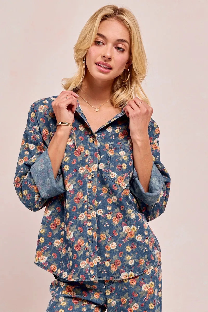 BiBi Washed Floral Print Denim Jacket - Fashorio