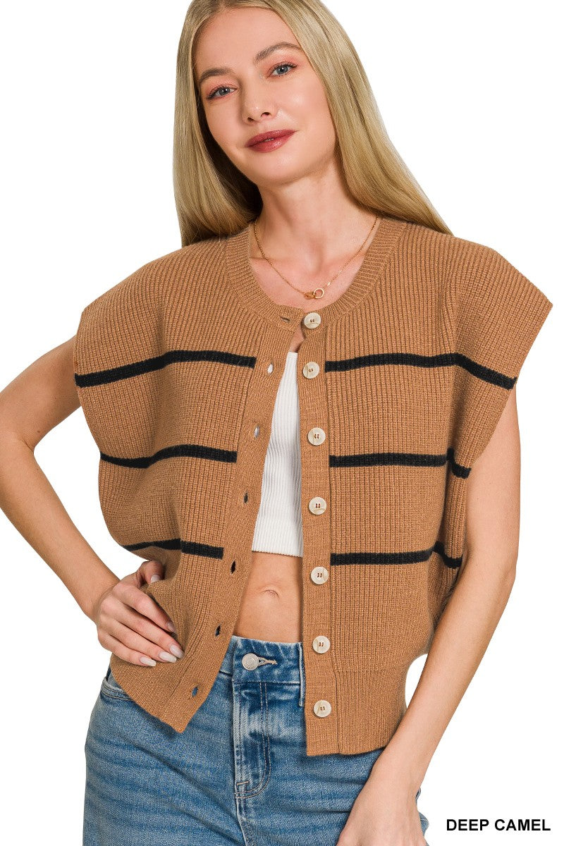 Ribbed button down striped sweater vest front