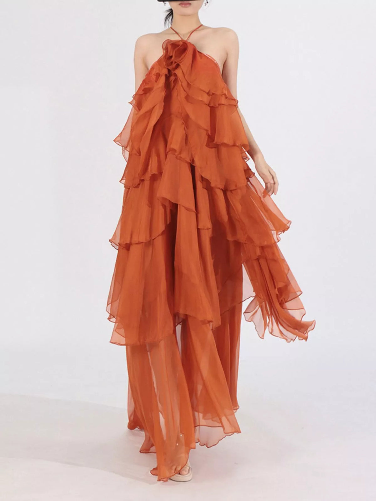 Ruffled chiffon halter neck maxi dress fabric detail