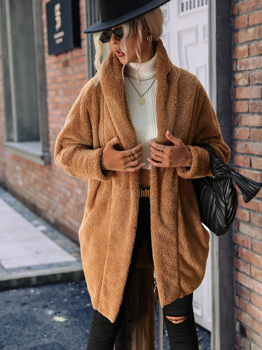 Open Front Hooded Teddy Coat Caramel - Fashorio