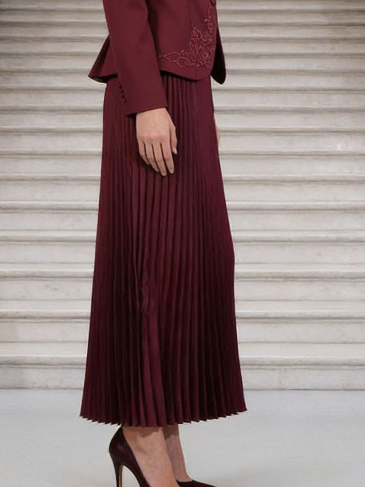 Coordinated button up top and pleated skirt full outfit