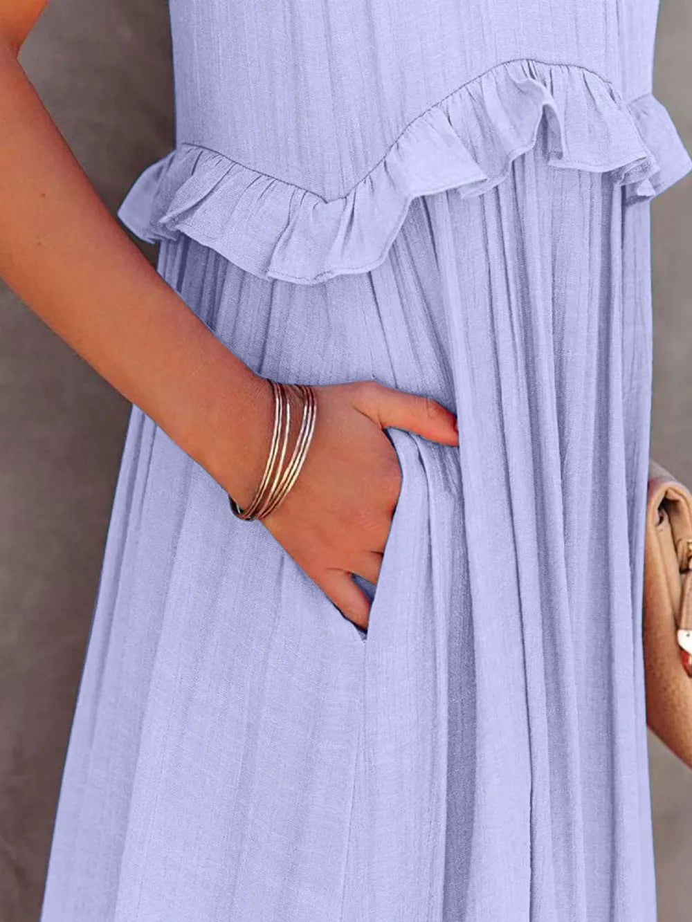 Ruffled Sleeveless Tiered Maxi Dress with Pockets - Fashorio