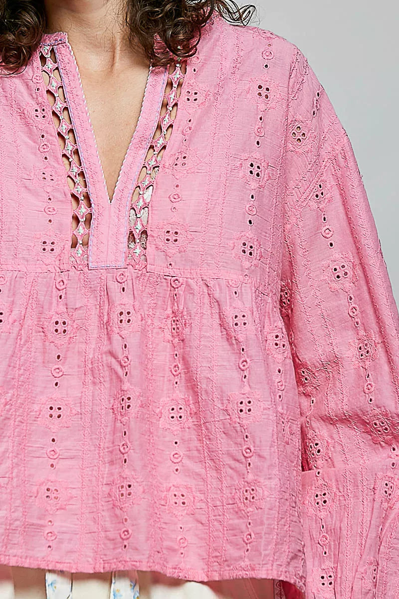 Back view of the POL candy pink eyelet cotton blouse