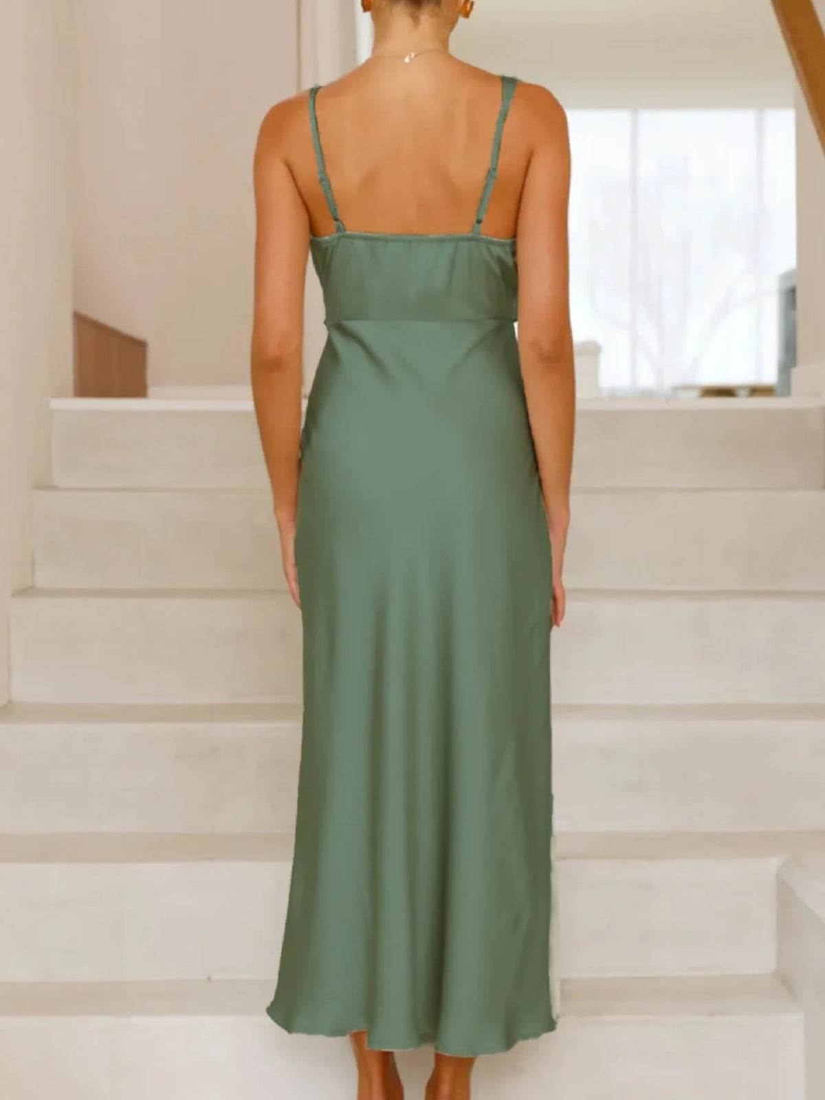 satin asymmetrical midi dress movement shot