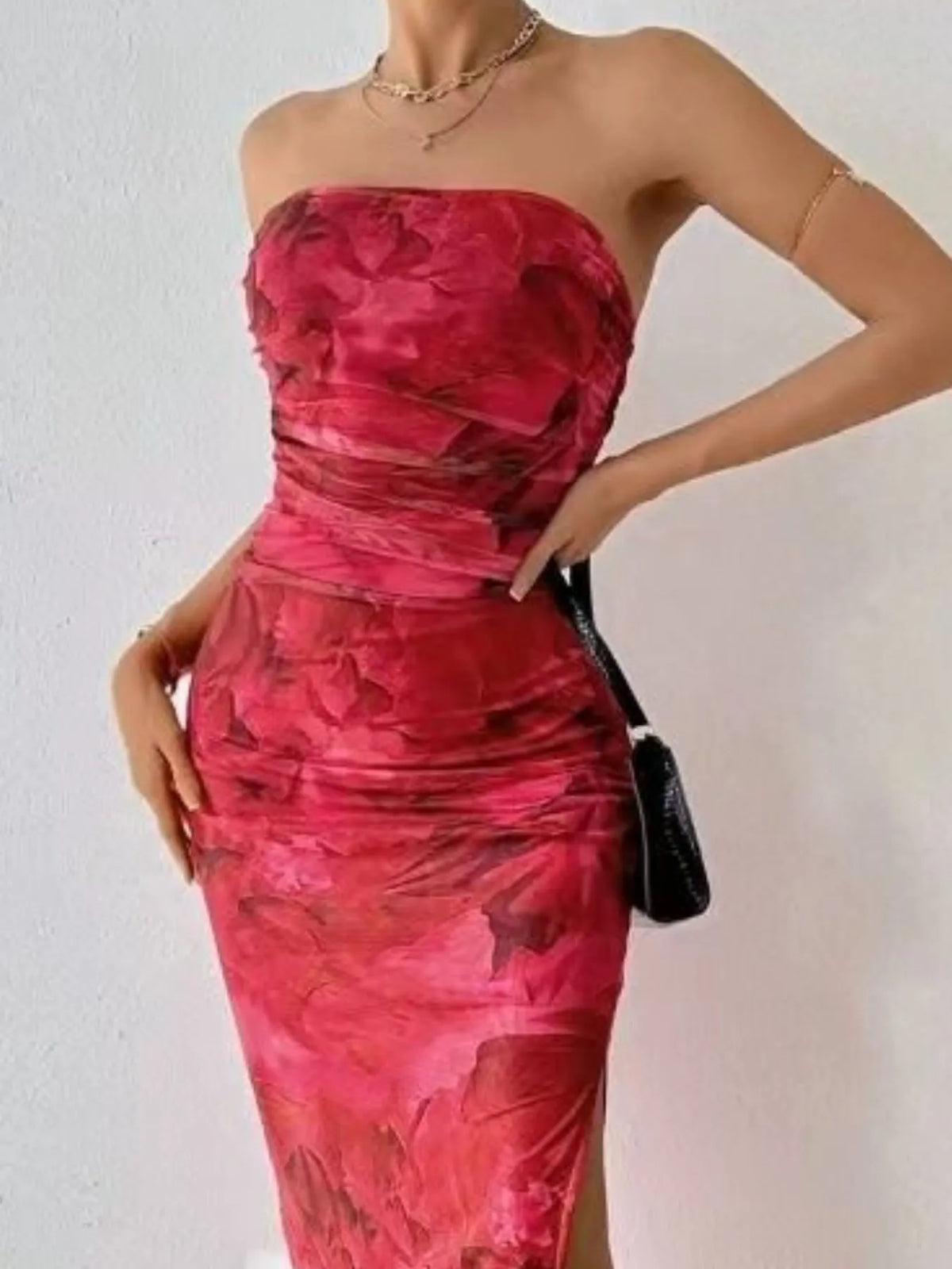 Printed side slit tube maxi dress back view