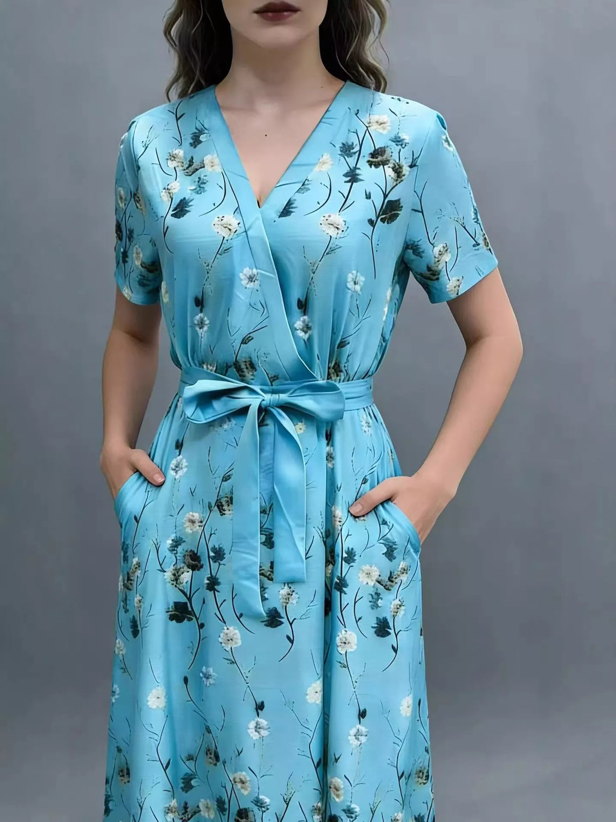 Floral Print Short Sleeve Wrap Maxi Dress side view