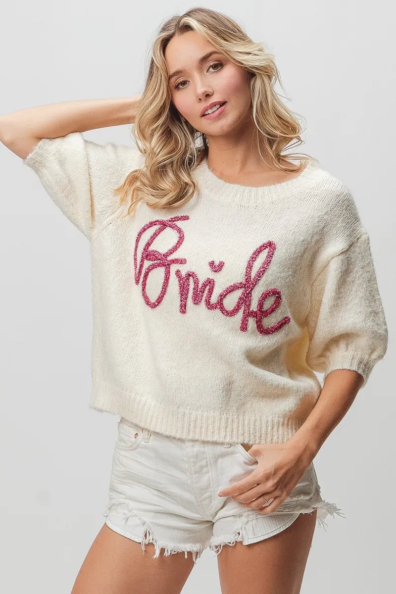 Metallic Letter Fuzzy Puff Sleeve Top in Ivory on model